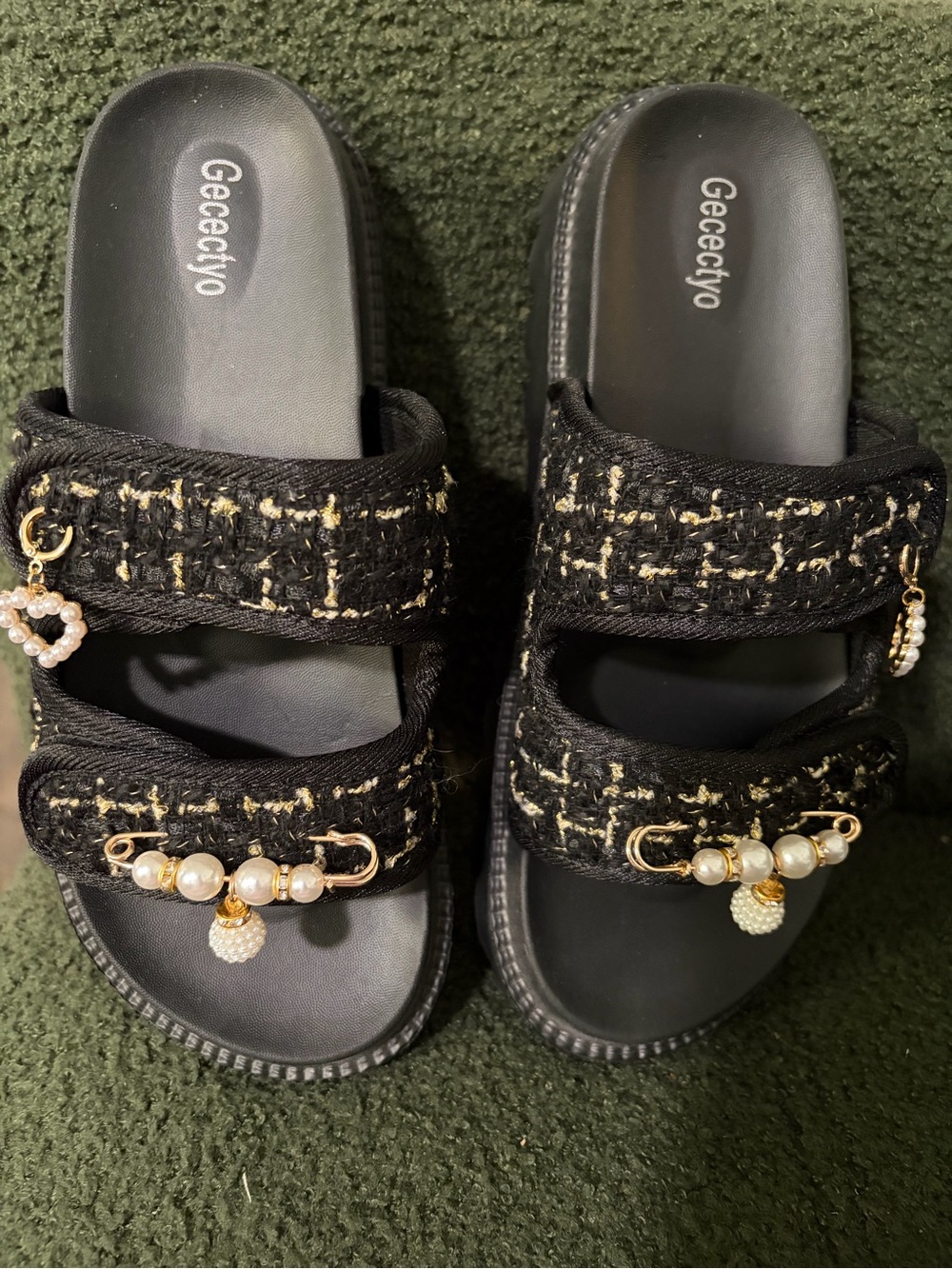 Black Pearl-Embellished Women’s Slide Sandals